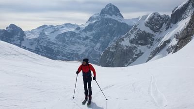 Person on skis with poles in snow-covered mountains, wearing a red jacket and hat.