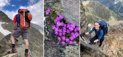 Mountaineer with backpack and helmet on rocky ridge; woman climbing with helmet and gloves; alpine flowers.