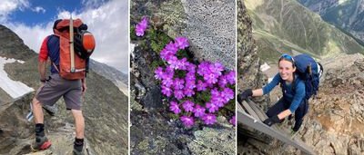 Mountaineer with backpack and helmet on rocky ridge; woman climbing with helmet and gloves; alpine flowers.