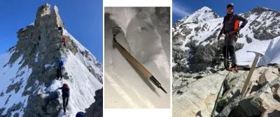 Mountaineers with helmets and climbing equipment on a snow-covered ridge in the Alps.