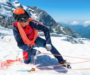 Mountaineer practices pulley for crevasse rescue