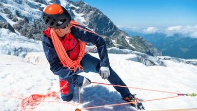 Mountaineer practices pulley for crevasse rescue