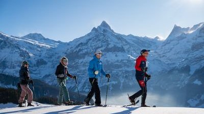 Vier Personen mit Skiern und Stöcken gehen in verschneiten Bergen, tragen Winterkleidung und Helme.