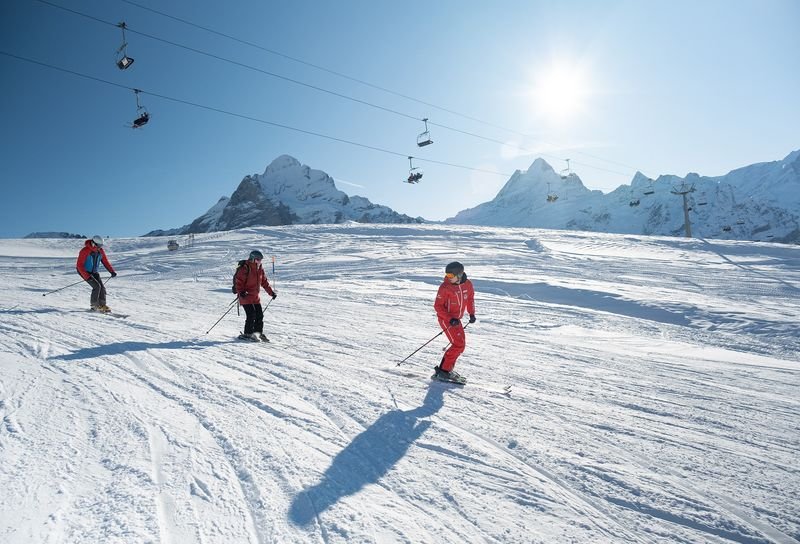 Skiers in helmets and gear descend snowy slopes with mountains and ski lifts in the background.