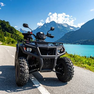 Schwarzes ATV steht auf Asphaltstraße, im Hintergrund Berglandschaft und blauer See unter klarem Himmel.