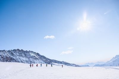 Personengruppe mit Winterkleidung wandert über schneebedeckte Berge unter klarem Himmel.