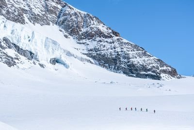 Group of people wearing winter clothing hiking in the snow in front of a snow-covered mountain backdrop.