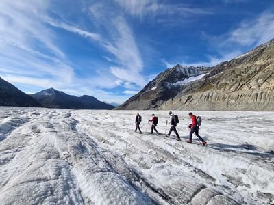 Vier Personen wandern über den Aletschgletscher