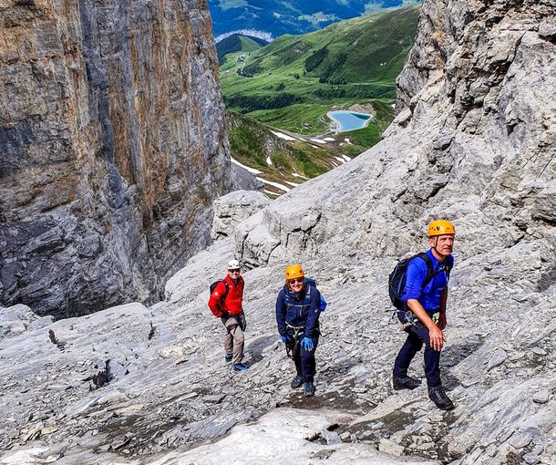 People on the via ferrata Rotstock at Eiger