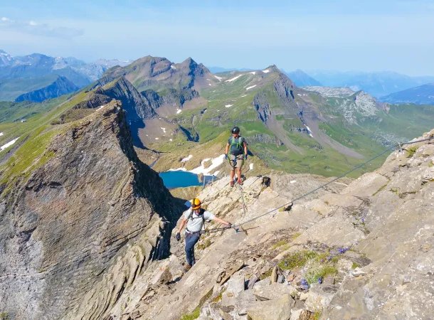 People on the ridge on the via ferrata Schwarzhorn