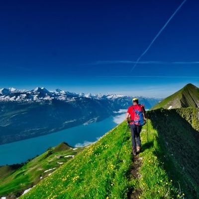 Eine Person wandert auf einem schmalen - mit Gras bewachsenen - Grat. Am Horizont ist eine Bergkette zu sehen und unten im Tal ein grosser See.