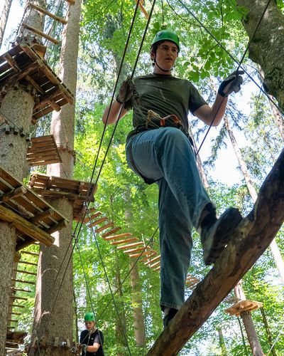 People with helmets and harnesses on a high ropes course in the forest.