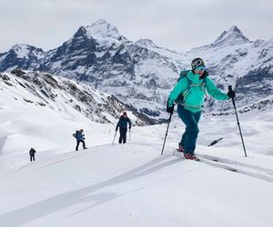 Ski tourers ascending with Wetterhorn and Schreckhorn in the background.
