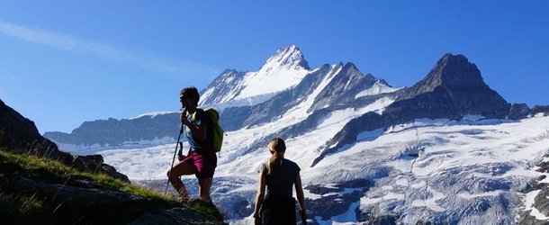 Hiker with Schreckhorn in the background