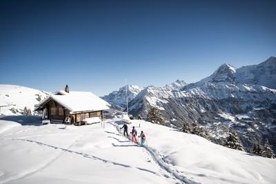 People with ski equipment are hiking in the snow next to a hut in the Swiss Alps.
