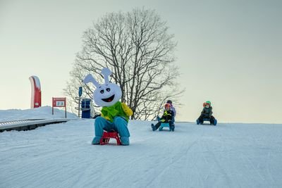 Three people sledding on snow, one in a rabbit costume, others in helmets and winter gear.