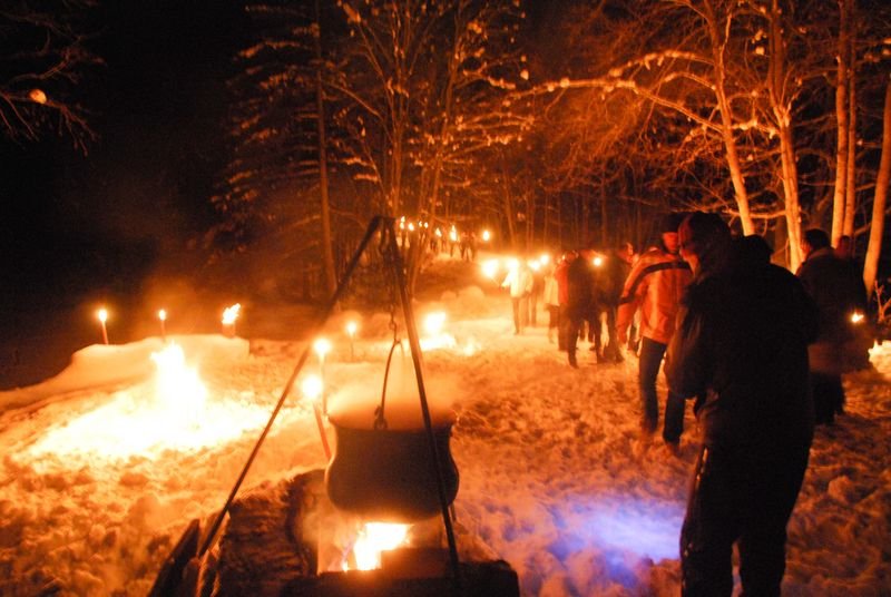 People are walking at night with torches through a snowy forest; campfire and trees in the background.