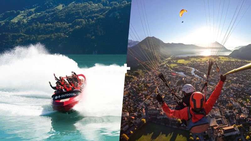 People on a speedboat on a lake and a paraglider above a city in the mountains.