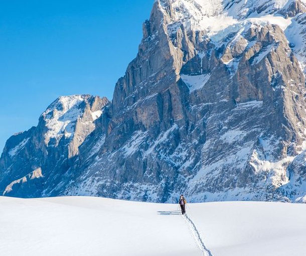 Person skiing with poles on snowy terrain, wearing a backpack, in front of large mountain peaks.