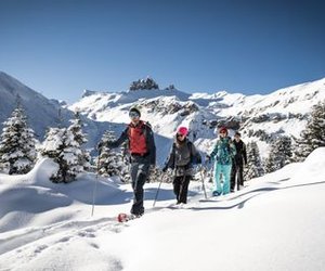 Group snowshoeing in snowy mountains, wearing winter gear and using poles, with clear blue sky.